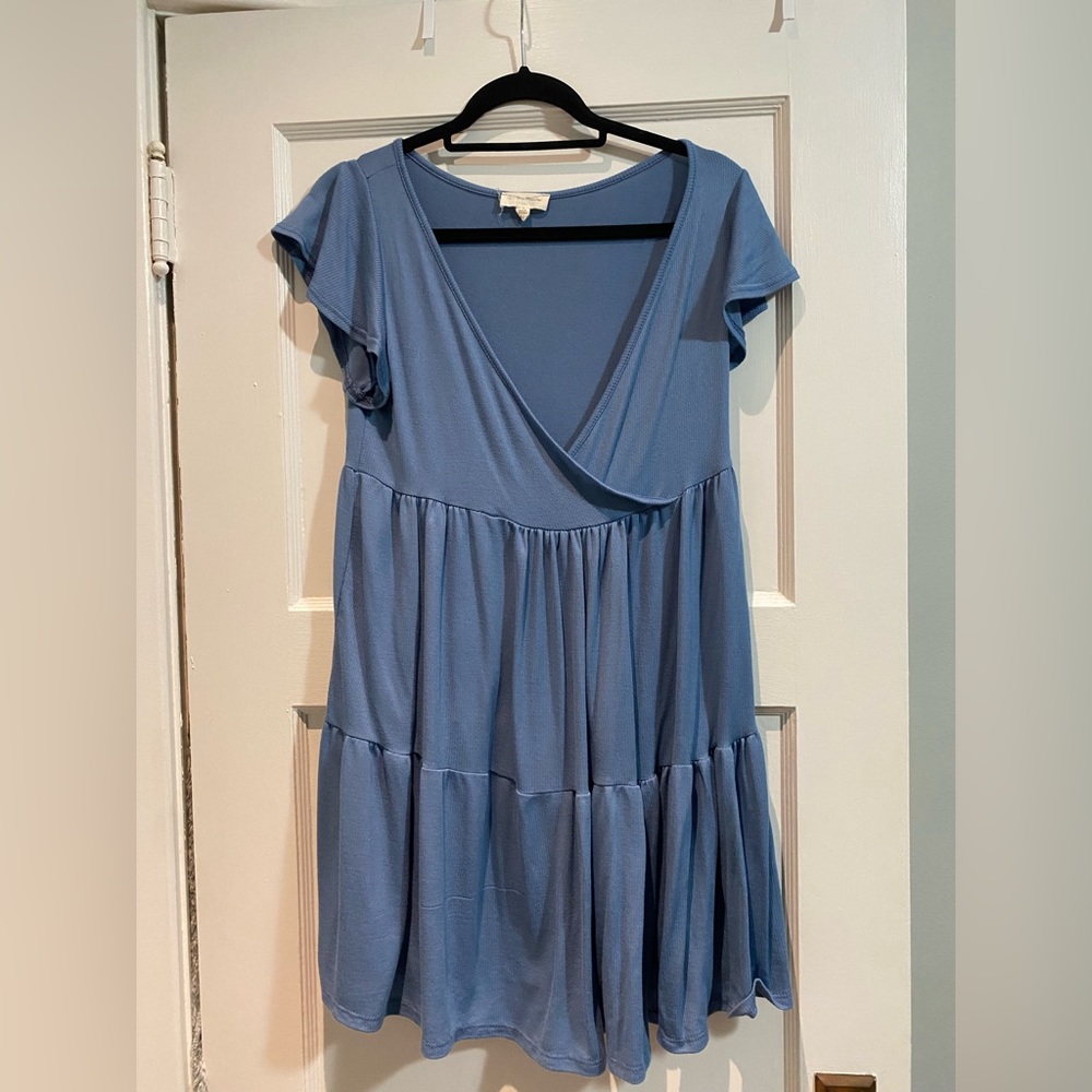 Deep neck blue dress
